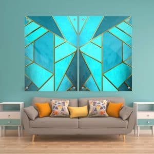 זוג תמונות זכוכית – אבסטרקט שיש מחולק צורות תכלת לעיצוב הבית על קיר בסלון