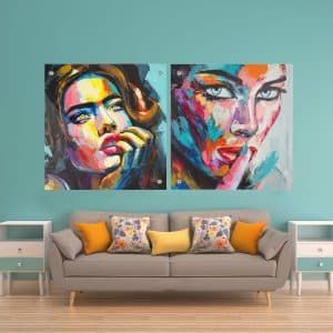 זוג תמונות זכוכית - נשים צבעוניות לעיצוב הבית על קיר בסלון