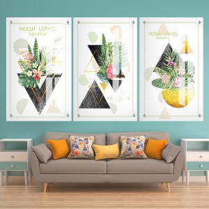 תמונת זכוכית - עלים טריים גאומטריים לעיצוב הבית על קיר בסלון